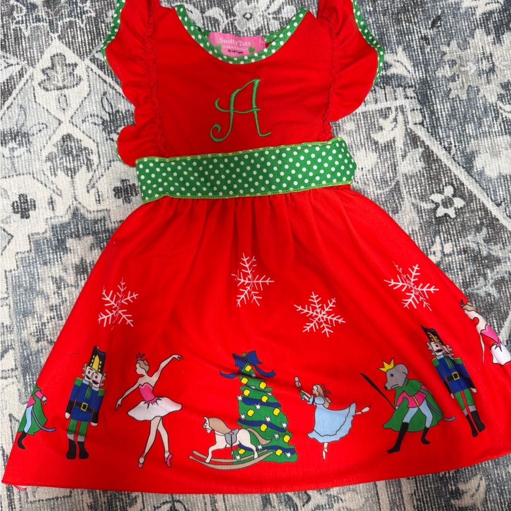 Girls' Red Nutcracker Holiday Dress with Green Polka Dot Waist (Monogram A)